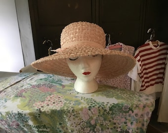 Vintage Straw Hat Woven straw Hat Starlet Style Hat big Brimmed Pink Hat Kentucky Derby look Juan Ell Modes
