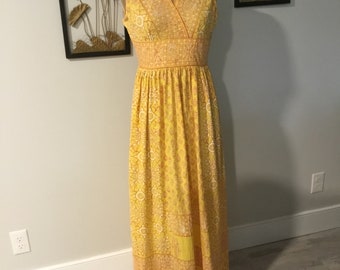 Vintage Floral Maxi Dress: Yellow & Orange Boho Print, Karavan Label