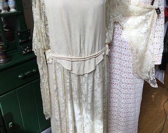 30's Bridal Dress Ivory Crepe and Lace Dress Deco Flapper Drop Waist Interesting sleeve Detail Downton Abbey Look Historical Clothing