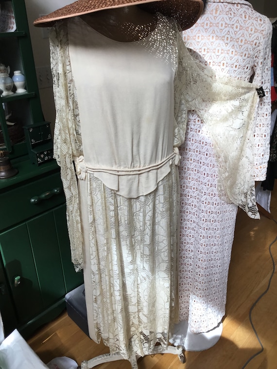 30's Bridal Dress Ivory Crepe and Lace Dress Deco 