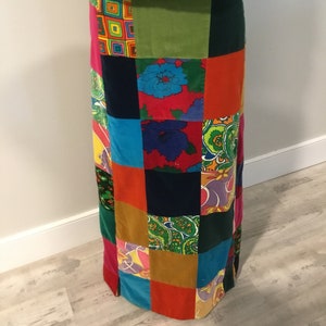 70&#39;s Maxi Skirt Groovy Patchwork Maxi Skirt Velveteen Patches Bold FLoral and Solid Patches Be Green Wear Vintage For Keeps Vintage