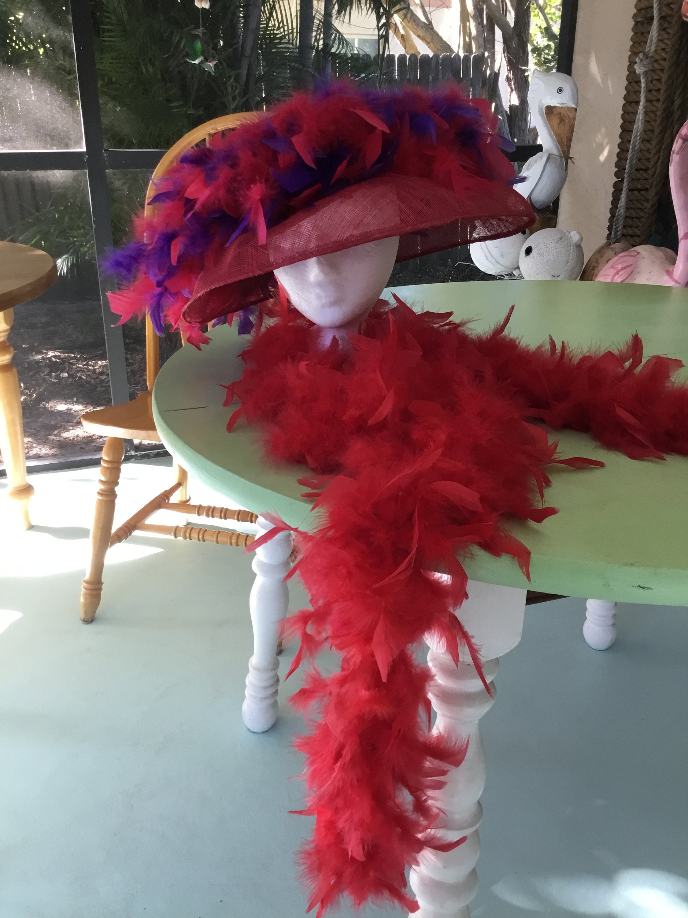 Red Feather Hat and Boa Big Brim Red 