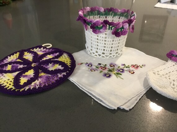 Crochet Doilies and Embroidered Hanky Purple Pans… - image 6