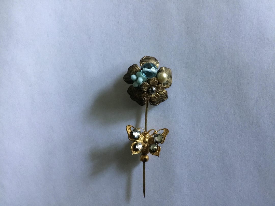 Sorrell Stick Pin Jeweled Stick Pin Butterfly at Base Miriam Haskell Look Stickpin ...