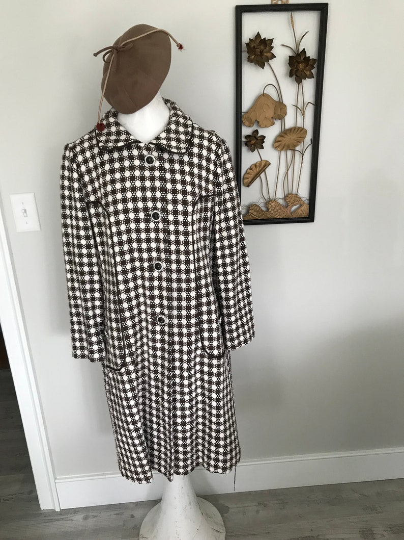 60's Coat Brown and White Checks and Circles Buttons Down | Etsy