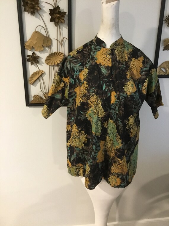 50's Top or Smock Vintage Floral Top Black Gold a… - image 1