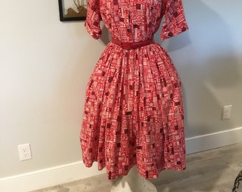 50's Shirtwaist Dress Vintage Cotton Dress Big Skirt Red White and Black Pattern Mod Floral and Geo Pattern True Blue VINTAGE