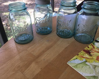 Aqua Blue Ball Perfect Mason Jars (Set of 4), 1920s Vintage Canning Jars