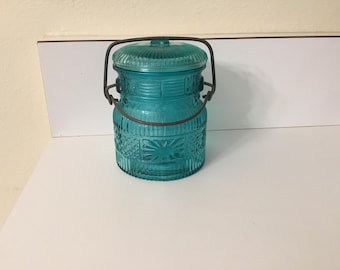Aqua Blue Glass Storage Jar with Wire Clamp, Avon Collectible