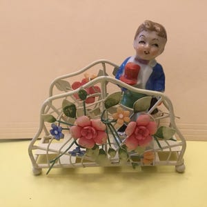 Waiting for Her Floral Metal Napkin Holder and Dapper Dan Figurine Boy in a Jacket with Top Hat