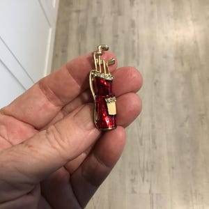 Golf Bag Pin Gold Tone with Red and Cream Enamel Look Accents Fun Pin Perfect for A Golfer Rhinestone Detail Too