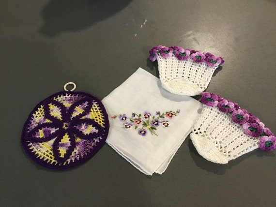 Crochet Doilies and Embroidered Hanky Purple Pans… - image 1