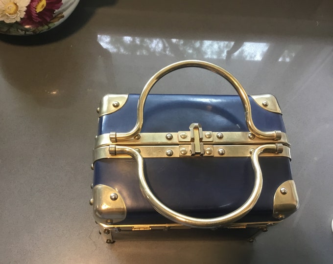 Blue Boxy Purse Made in Italy Funky Purse Treasure Box Purse Gold Tone