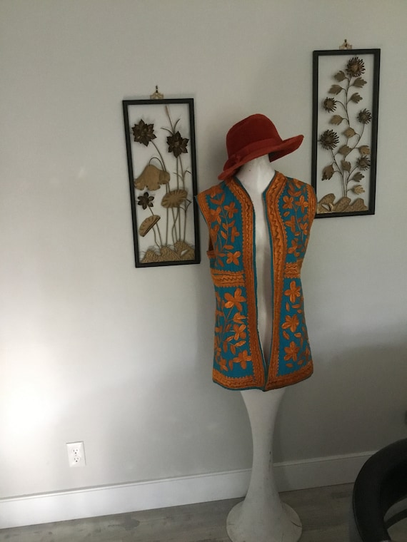 Hippie VEST Embroidered Long Vest Aqua and Golden