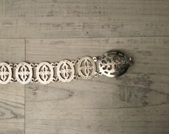 70's Metal Belt Stamped Metal Circles Groovy Belt Silver Tone Metal Link Belt Retro Belt