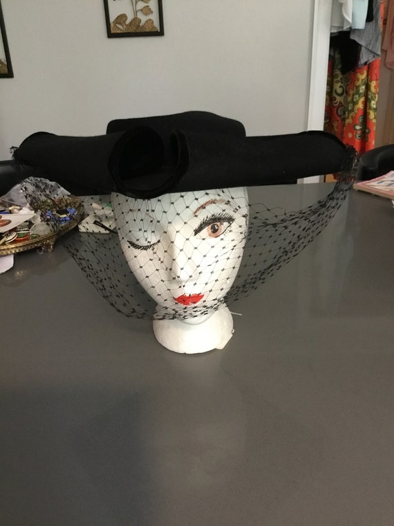 40's Veiled Hat Black Felt Tilt Hat Quaker Look Ha