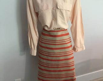 Talbot's Skirt Beige with Orange Stripes Size 10 Summer Daywear Cotton Linen Mix