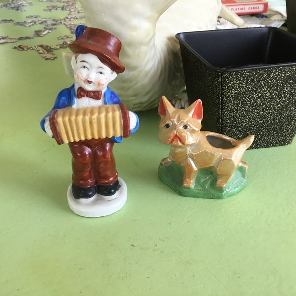 Japan and Occupied Japan Collectible Figurines Lusterware Bulldog Toothpick Holder Boy With Hat and Bowtie Playing Concertina Cubist Bulldog