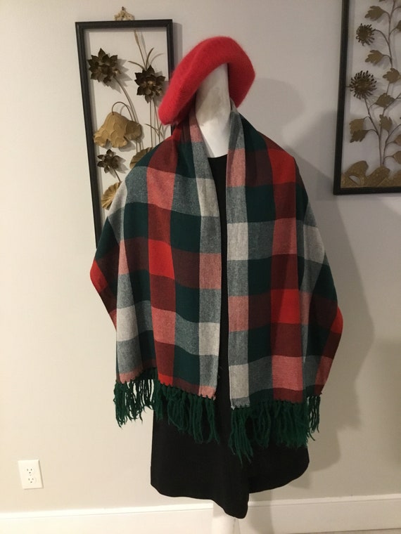 Red Plaid Scarf Wool and Rayon Scarf Red Green and