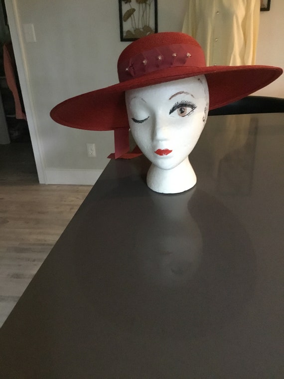 Vintage Straw Hat Orange Red Tilt Hat Picture Hat… - image 6