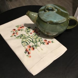 Green Pottery Teapot and Matching Embroidered Linen Instant Teatime Pink Daisies