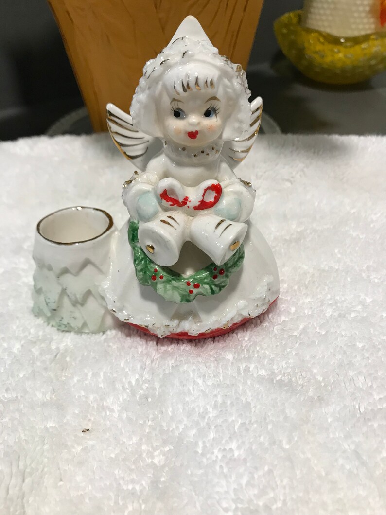 Vintage Christmas Angel Japan Ceramic Angel and Candlestick Holder Christmas Figurine Sweet Angel with Wreath