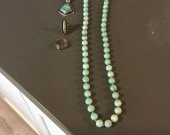 Vintage Pale Green Turquoise Beaded Necklace, Knotted Strands, Over 1/4" Beads