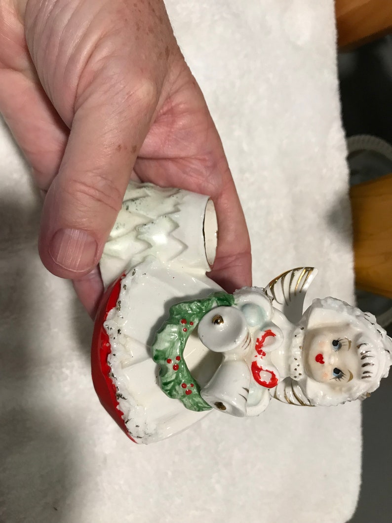 Vintage Christmas Angel Japan Ceramic Angel and Candlestick Holder Christmas Figurine Sweet Angel with Wreath
