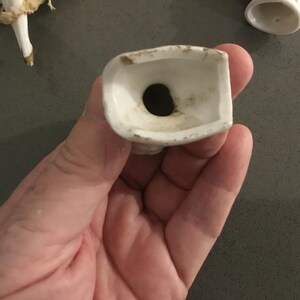 May include: A white porcelain doll head base with a dark hole. The base is held in a hand, with a doll leg and another doll part visible in the background. The porcelain has some discoloration.
