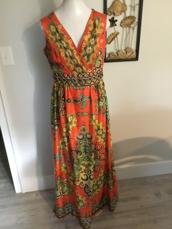 70's Groovy Dress Bold Print Maxi Hippie Boho Oran