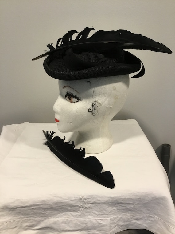 Vintage Glamorous MConnell NY Fasciinator Black Pilbox Straw Veil Hat Feminine Little Soldier Pillbox Snood Hat, Black Cellophane  main image 3