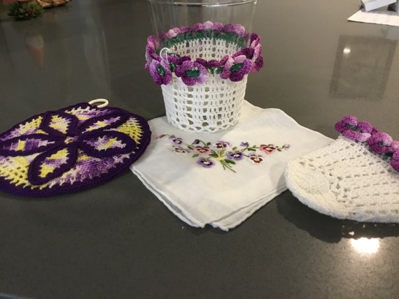 Crochet Doilies and Embroidered Hanky Purple Pans… - image 7