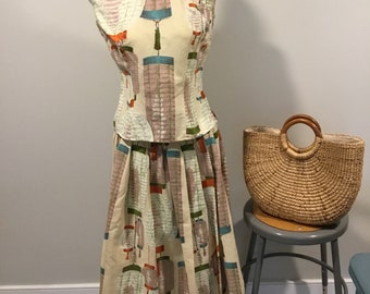 50's Novelty Print Skirt and Top Lantern Print Awesome Graphics Churchill of Boston Label Colorful graphics Pleated Swing Skirt N TOP