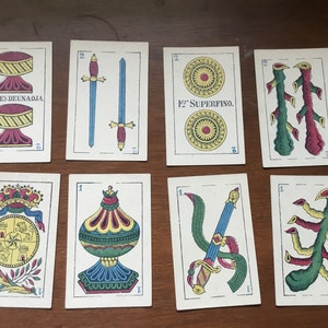 Jeu de cartes VTG ancien jeu de cartes espagnol motif Cadix 48 cartes à recycler ou à encadrer Jacks Kings Clubs Baguettes Tasses Pièces Graphiques Colorés Rare VTG