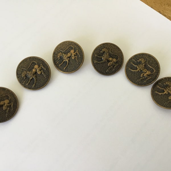 Vintage Buttons Fanciful Lions Brass Tone Buttons Feature Rampant or Heraldic Lions Set of 6 Buttons Walking Lions Long Tongues and Tails