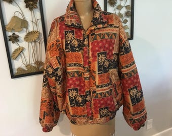 Silk Bomber Jacket FUDA International Bold Floral and Patchwork Print Orange, Rust, Tan and Black Perfect for Fall Silk Windbreaker