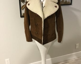 Brown Corduroy Coat with Fleece Lining and Big Collar 60's -70's Unisex Shacket Funky Cord Jacket