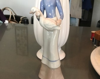 Farm Girl with Goose Lladro Look Porcelain Figurine Country Girl with Goose Kerchiefed country Girl tending Geese