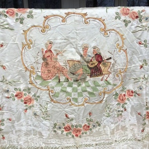 1920&#39;s Italian BedSpread Perfect Display Piece Focal Point Garden Scene Renaissance RoCoCo Heirloom Trousseau Bed  Cover Lavorazione Tuscany