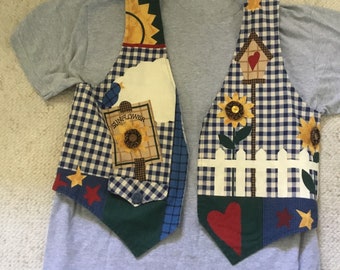 Novelty Fabric Vest Garden Lover Vest Scenes from a Garden Blue Gingham Check Sunflowers Hearts Frogs Mushrooms Potted Plants Lady bugs