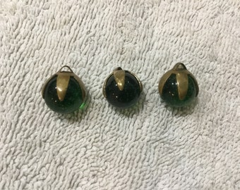 Vintage Buttons Green Glass Ball Buttons with Metal Bases/Claws Vintage Glass Buttons 3 Ball Buttons Dressmaker set Bronze Tone Base
