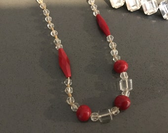 Flapper Era Necklace Glass Bead Necklace 1910-1920s Carved Beads Clear and Red Round Beads Square Beads and Long Faceted Beads Hand Knotted