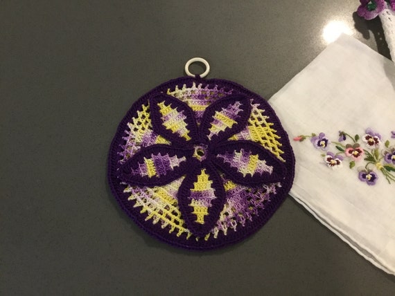 Crochet Doilies and Embroidered Hanky Purple Pans… - image 2