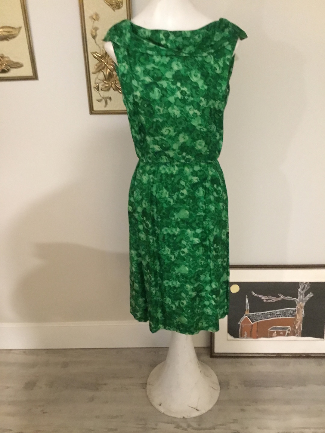 60's Green Wiggle Dress Silky Green Floral Wiggle Dress Marilyn Look ...