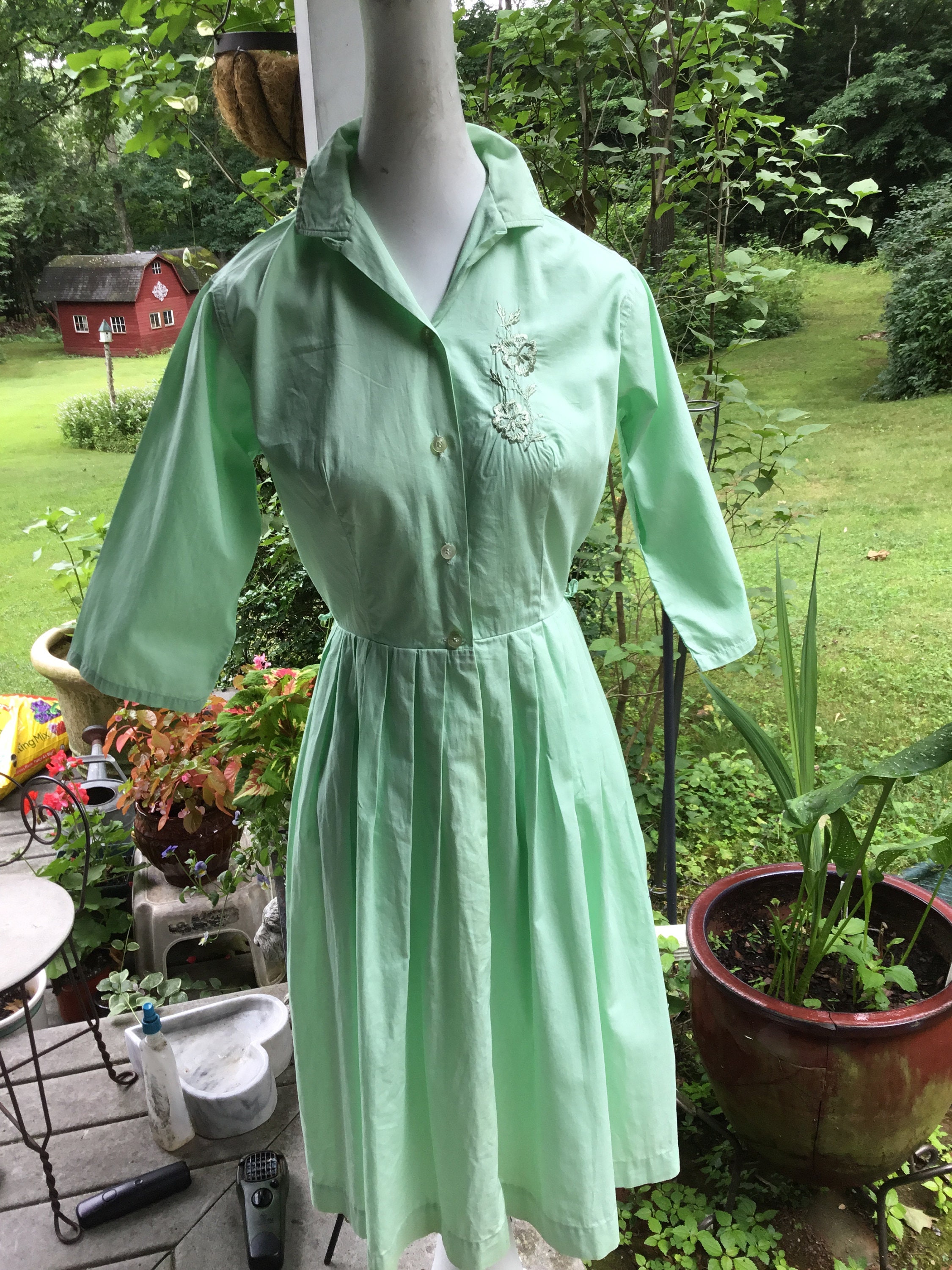 60s Shirtwaist Dress Wash N Wear Label Mint Green Cotton