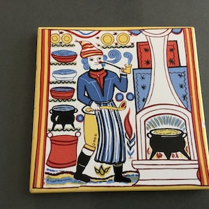 Colorful Tile Man with Pipe and Cap Stirring a Kettle Shepherd Stirring his Kettle Folk Art Rust Blue Yellow Colorful Trivet Greek Inspired
