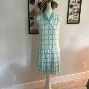 Vintage Dress Striped Dress Drop Waist Mint Green Stripes on White R&K Originals Pleated Skirt Ball Buttons on Front For Keeps Vintage Cute