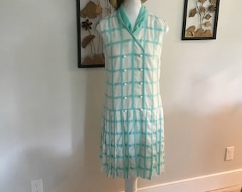 Cute Dress Mint Green Stripes on White Drop Waist R&K Originals Pleated Skirt White Ball Buttons Down Front VTG Dress White and Minty Green