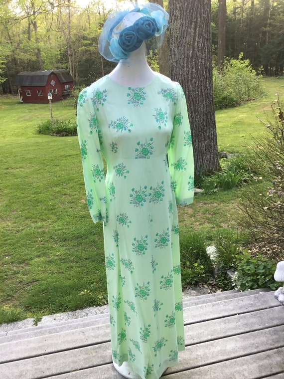 70's Maxi Dress Pale green silky crepe Dress Empi… - image 1