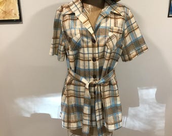 70's Plaid Top, Aqua Beige Striped, Vintage Uniform Style For Keeps VTG Leisure Suit Look